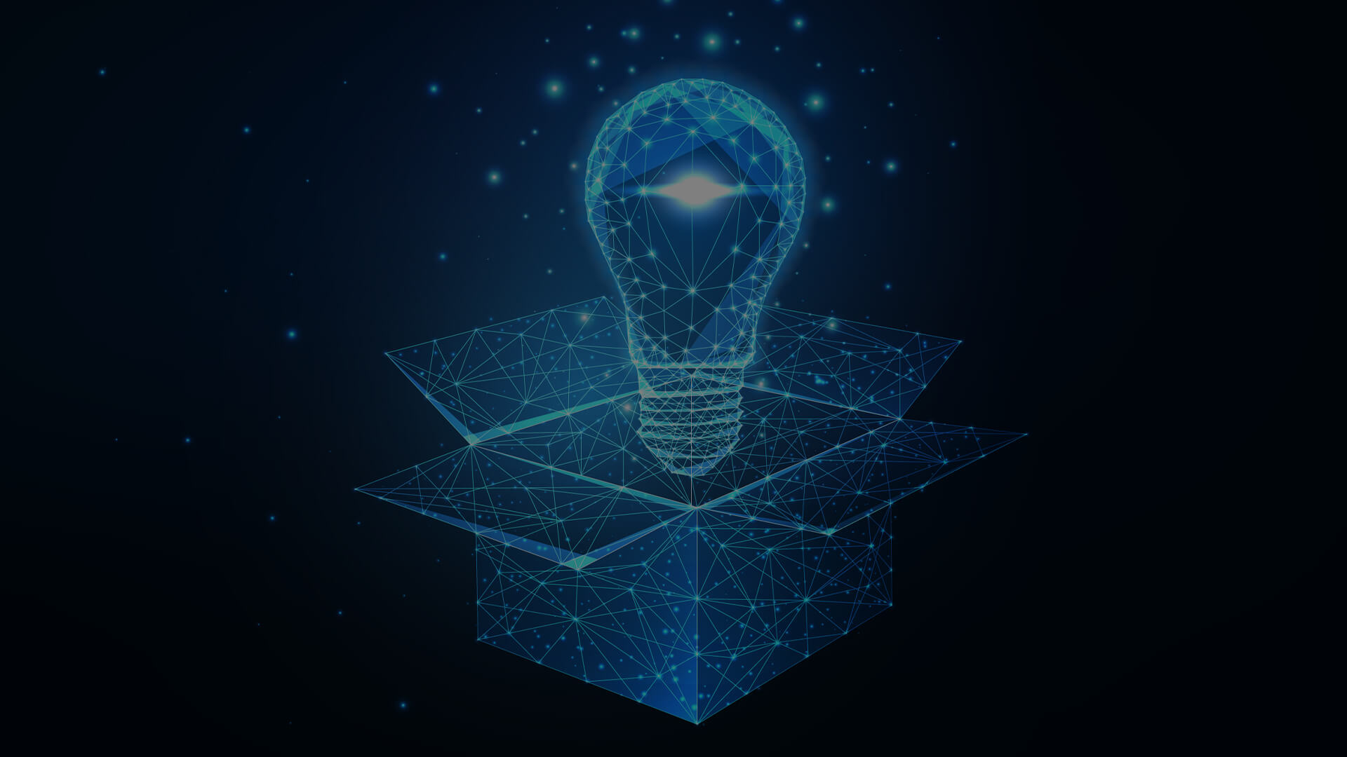 AI in the workplace: A lightbulb made of digital connections emerging from a box, signifying innovative AI solutions breaking out of conventional boundaries.