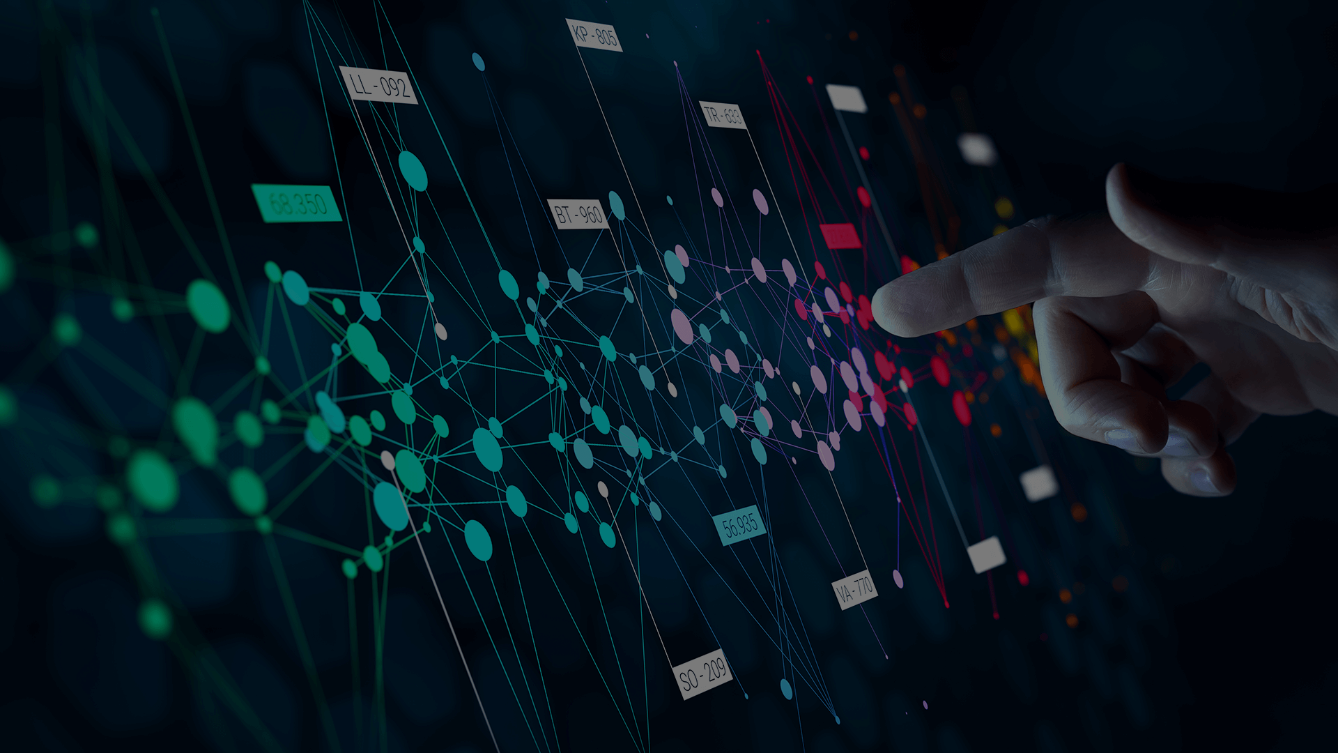 A hand interacting with a digital screen displaying a network of data points, showcasing the integration of data science vs statistics in advanced data visualization techniques.