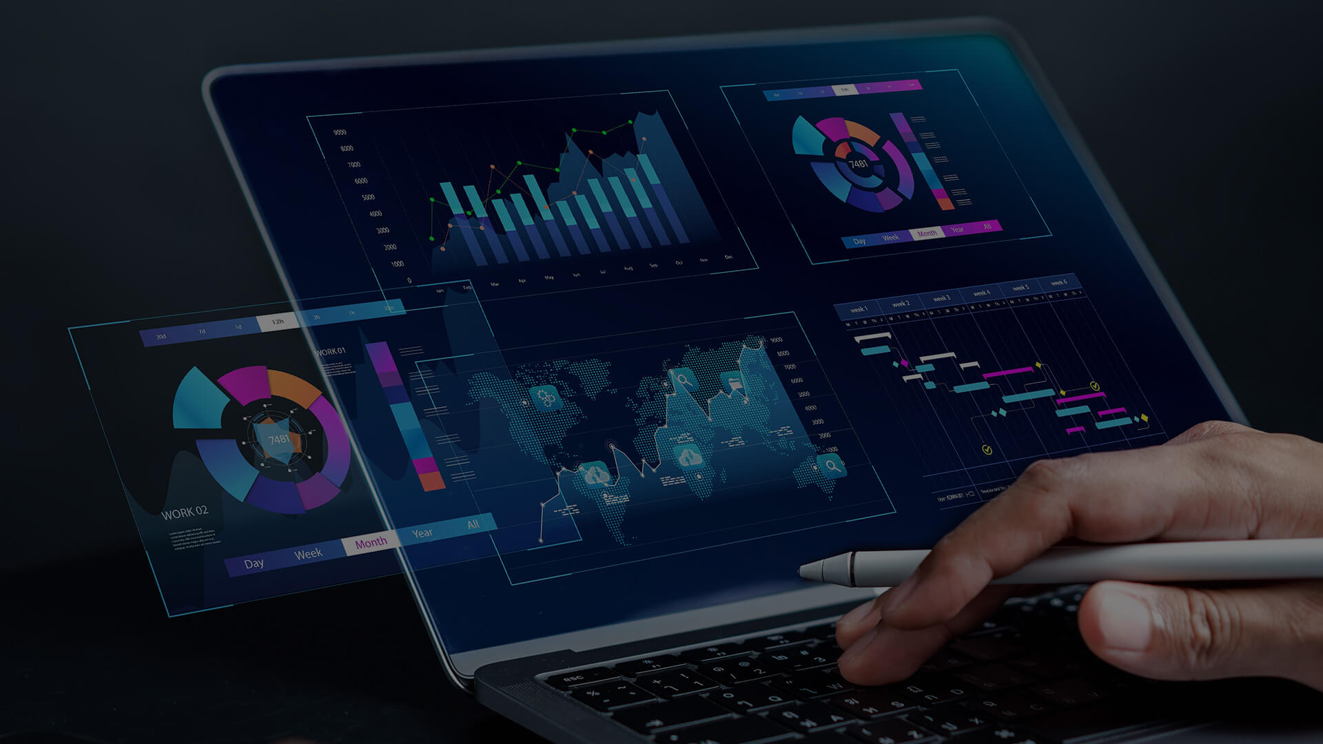 A close-up of a laptop screen showing advanced data visualization dashboards, highlighting real-time data metrics, graphs, and world maps, emphasizing the importance of data analysis in monitoring global trends