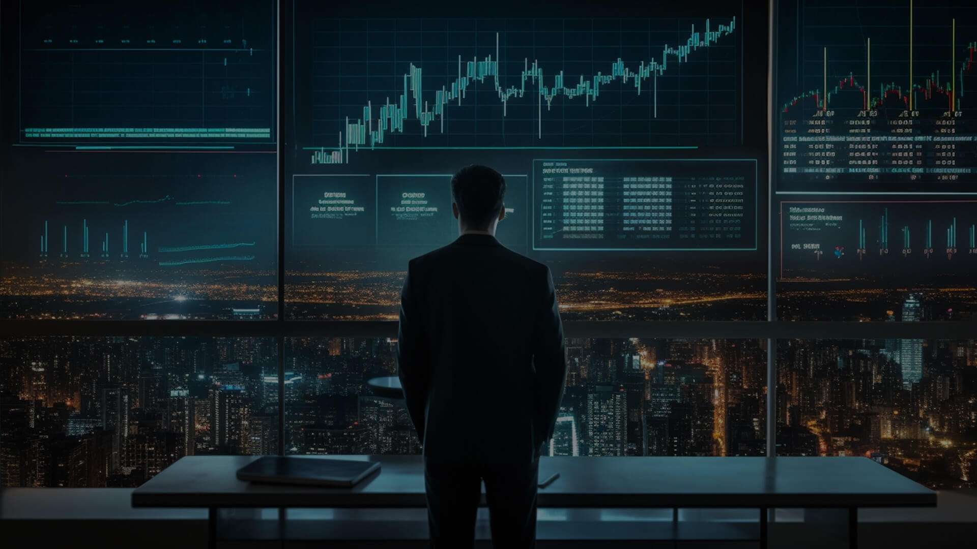 A person in a dark suit stands before a vast array of digital screens displaying complex financial data and graphs. The background showcases a panoramic view of a city at night, with sprawling lights and urban structures, signifying a high-tech, data-driven environment for financial analysis or trading.