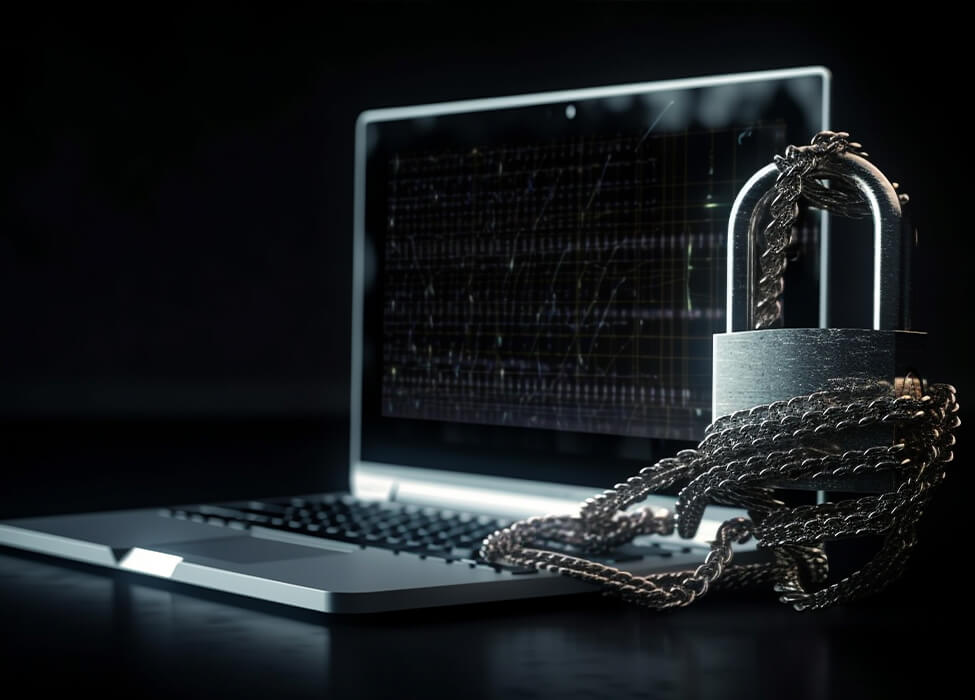 A laptop secured with a heavy chain and padlock, illustrating robust AI cybersecurity measures to safeguard sensitive data from unauthorized access.