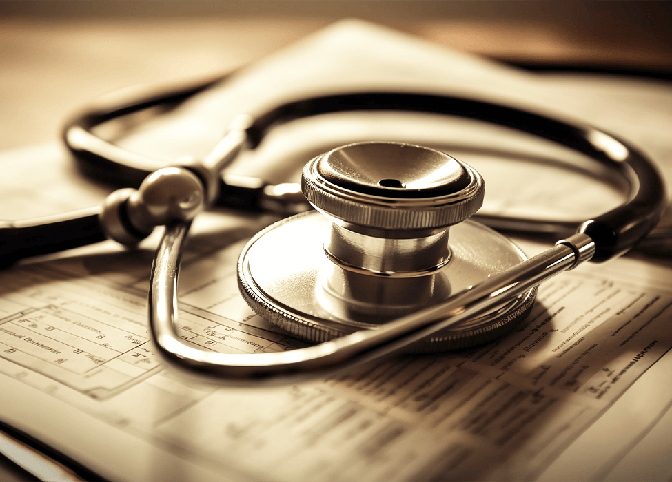 A close-up of a stethoscope lying on top of medical documents, highlighting the intersection of healthcare and paperwork.