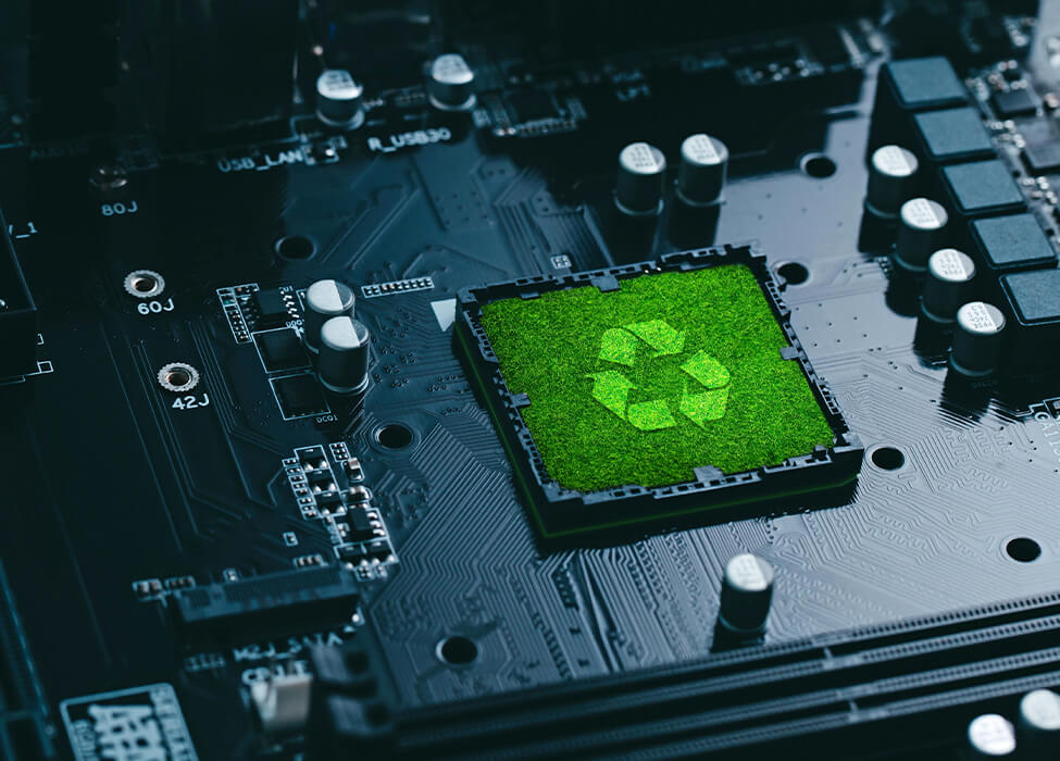 A computer motherboard featuring a green recycle symbol, symbolizing sustainable business practices in technology and electronics recycling.